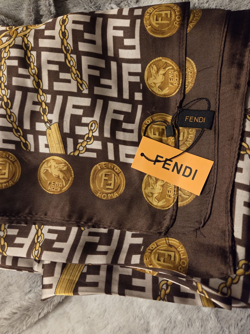 FF Brown & Gold Logo Print Silk Scarf NWT